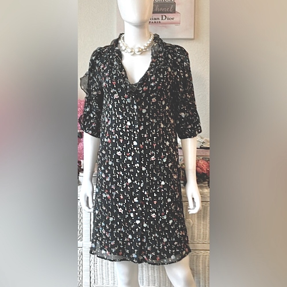 Sezane Josephine Mini Dress Silk Low Cut Ruffles Black w/ Pink Size FR 36 = US 4 - Picture 2 of 13